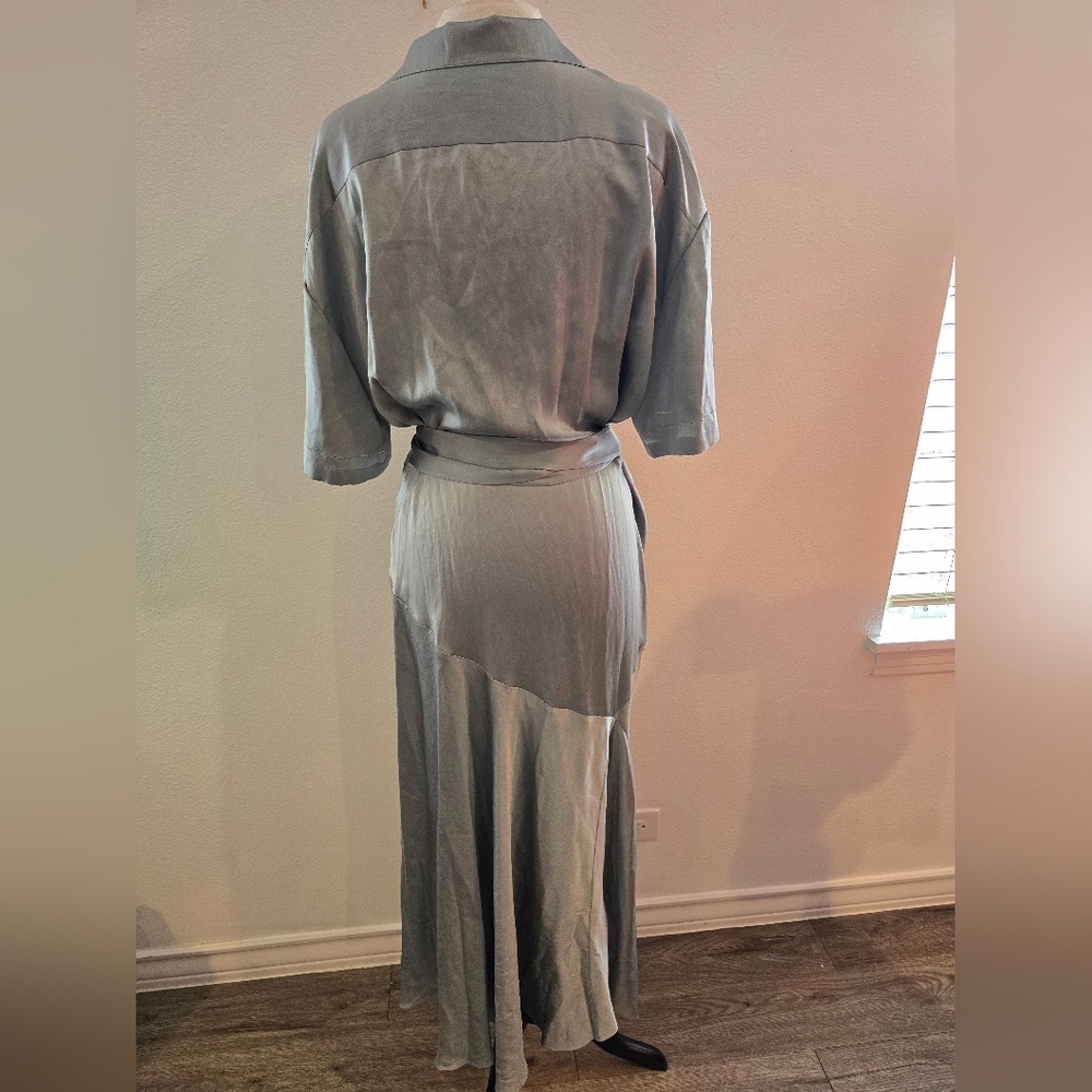 Burberry NEW Emily Mineral Blue 100% SILK Satin Tie Waist Shirt Dress Size 10 - Picture 11 of 16